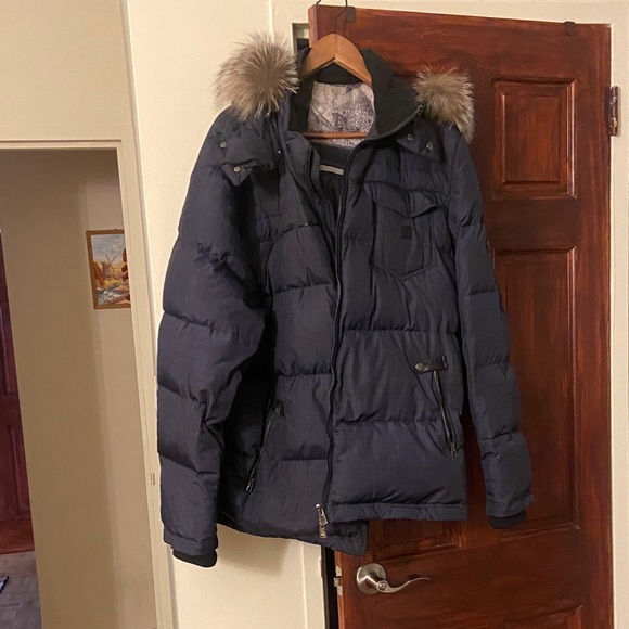 Navy Puffer Jacket with real Fur Hood